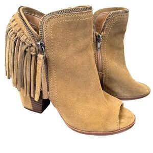 Dolce Vita Promise Fringe Suede Ankle Booties Peep Toe Block Heel‎ Tan Sz 7.5